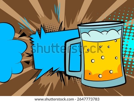 Cartoon Beer glass with blank speech bubble, comic book refreshment background. Retro vector comics pop art design.