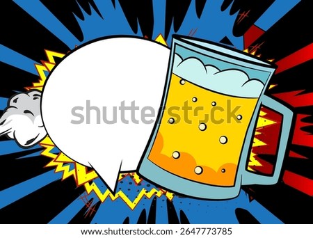 Cartoon Beer glass with blank speech bubble, comic book refreshment background. Retro vector comics pop art design.