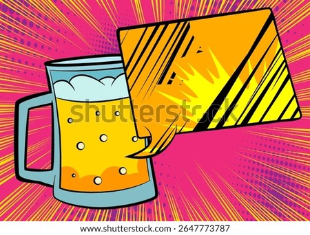 Cartoon Beer glass with blank speech bubble, comic book refreshment background. Retro vector comics pop art design.