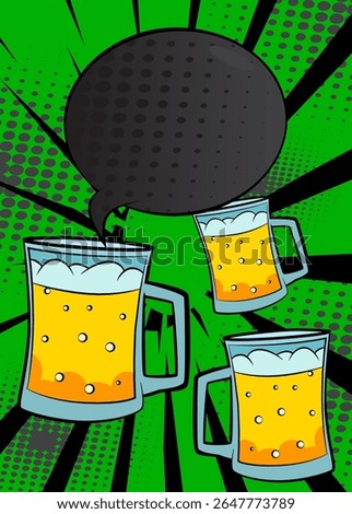 Cartoon Beer glass with blank speech bubble, comic book refreshment background. Retro vector comics pop art design.