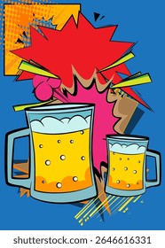 Cartoon Beer glass, comic book beverage. Retro vector comics pop art design.