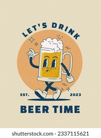 Caricatura del personaje de la taza de cerveza de estilo retro para la pancarta del bar. Ilustración vectorial. Afiche de la mascota de bebidas alcohólicas vintage. Nostalgia de los años 60, 70 y 80