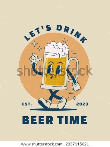 Cartoon beer mug character in retro style for bar banner. Vector illustration. Vintage alcohol drink mascot poster. Nostalgia 60s, 70s, 80s