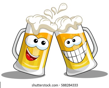 Cartoon beer mug making cheers isolated on white