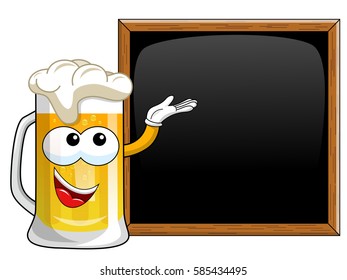 Cartoon beer mug presenting blank blackboard or chalkboard isolated on white