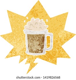 cerveza de caricatura con burbuja de habla en un estilo retro grunge angustiado texturizado