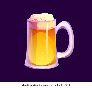 Cartoon cerveja tankard, caneca espumosa de cerveja dourada bebida com bolhas subindo para o topo. Copo transparente vetor isolado cheio de bebida fria, evoca uma sensação de refresco, prazer e relaxamento