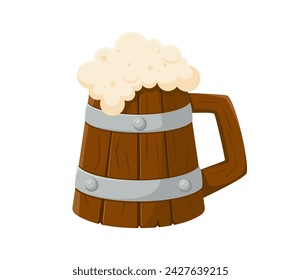 Cartoon beer tankard. Isolated vector pirate mug, carved from wood, brims with foamy brew or ale, its sides adorned with curve handle and metal loops. Rugged wood cup for a cozy, convivial gathering