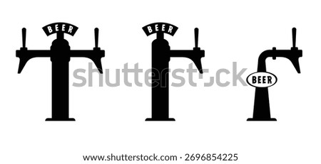 cartoon beer tap. Beer taps with handle. Draft beer dispenser or tower. Beer pump. Alcohol tools. Brewery, pub or bar. For oktoberfest.