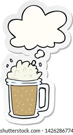 cerveza de caricatura con burbuja de pensamiento como pegatina impresa