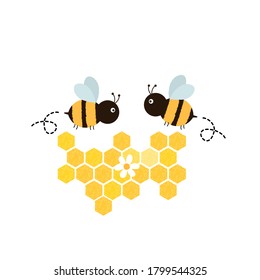 Cartoon bees with abstract honeycomb isolated on white background vector illustration.