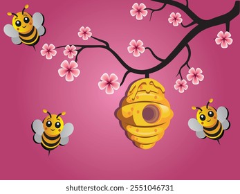 Cartoon bees  and a beehive on a cherry blossom tree , isolated on Pink Gradient background. Vector illustration ,all layers are single for any coustomization ,Eps 10
