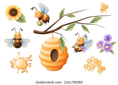 Abejas de dibujos animados, colmena, girasol, panecillos de miel. Conjunto de ilustraciones para pegatinas, impresos, libros.