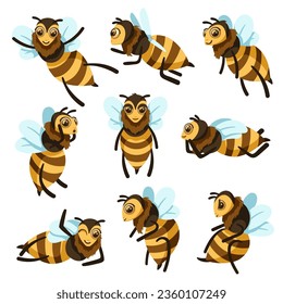 Cartoon bees. Cute bee character in different poses, flying honey bee mascot vector illustration set. Wild insects with different facial expressions, happy animals isolated collection