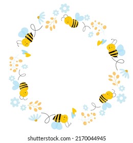 Cartoon bees design in vector in yellow and light blue colors for decoration on white background. Cute honeybee bumblebee with flowers illustration