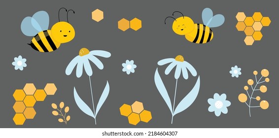 Cartoon bees design in vector in yellow and light blue colors for decoration on dark background. Cute honeybee bumblebee with flowers illustration