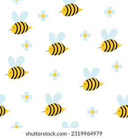 Cartoon bees with flowers, seamless pattern. Vector illustration