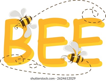 Cartoon Bees Flying around Yellow BEE Text. Bees vector illustration.