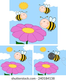 Cartoon Bees Flying Over Flower. Vector Collection Set