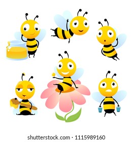 Cartoon Bees. Funny Illustrations Of Characters Isolate. Vector Bee Cartoon, Wildlife Honeybee