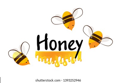 Cartoon bees and honey flow with text. Vector background for you design.