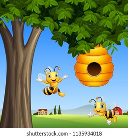 Cartoon bees with honey under a tree