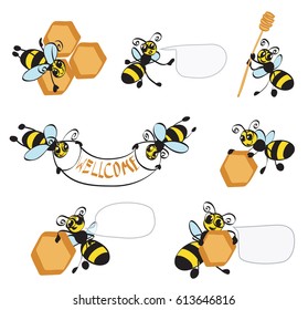 Cartoon bees with honeycombs. Vector set for design