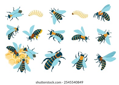 Cartoon bees insects. Cute flying striped bug, funny buzzing wasp and honeybee, cheerful small winged insect with stings. Vector isolated set.