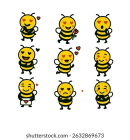 Cartoon Bees in Love with Hearts and Emotions