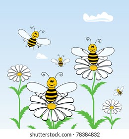 Cartoon bees on the flowers against the sky, vector illustration