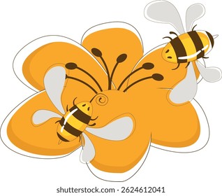 Cartoon Bees on a Yellow Flower Illustration. Bees vector illustration.
