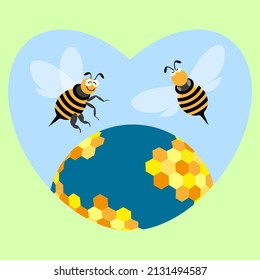 Cartoon bees over globe with honeycombs on heart shaped background