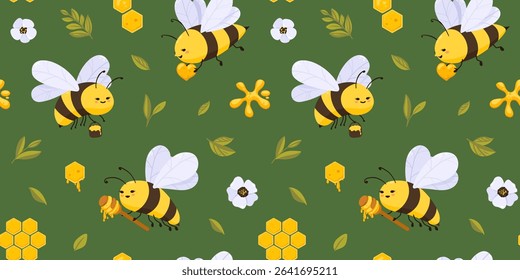 Cartoon bees, owls, anemones, honey drops and music notes in creative seamless floral background. Funny flat style design for fabric, clothing, poster or paper goods. Vector illustration.