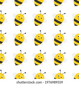 Cartoon bees seamless pattern. Bee flying on white background. Vector illustration.