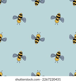 Cartoon bees seamless texture, print for paper and fabric. Hand drawn, vector