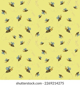 Cartoon bees seamless texture, print for paper and fabric. Hand drawn, vector