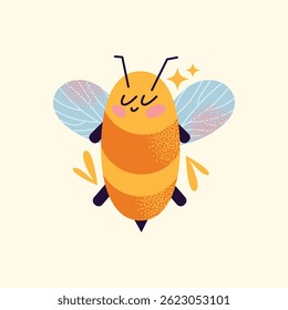 Cartoon bees set with blue wings and pink cheeks flying and holding honey bucket isolated on background. Bee and honey concept illustration