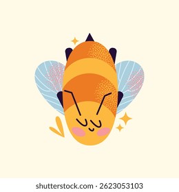 Cartoon bees set with blue wings and pink cheeks flying and holding honey bucket isolated on background. Bee and honey concept illustration