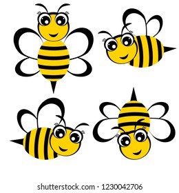 Cartoon Bees. Set Of Four Cute Honey Bee. Vector Illustration.