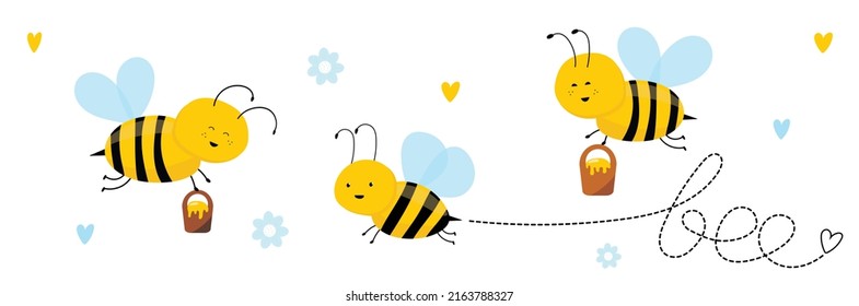 Cartoon Bees In Vector Isolated On White Background. Cute Honeybee Bumblebee Drawing