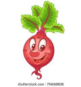 Cartoon Beet character. Beetroot root crop. Happy Vegetable symbol. Eco Food icon. Emoji expression. Design element for kids coloring book, colouring page, t-shirt print, logo, label, patch, sticker.