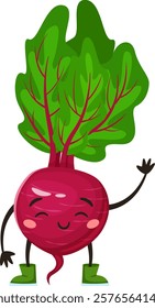 Cartoon beet with green boots and leaves waving with a smile on its face, representing healthy eating and promoting a cheerful and positive attitude towards vegetables