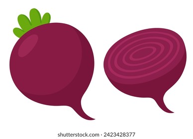 Cartoon beet icon, whole and cut. Flat vector style clip art illustration.