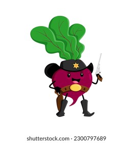 Cartoon beet vegetal sheriff personaje. Vector de remolacha, guardabosques, oficial de policía del oeste salvaje usa sombrero con placa de estrella y pistolas. Comida divertida personal occidental, verduras salubres de vitamina en granjas