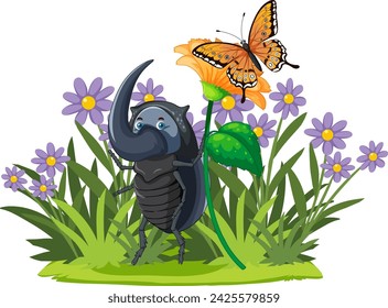 Cartoon beetle and butterfly among purple flowers