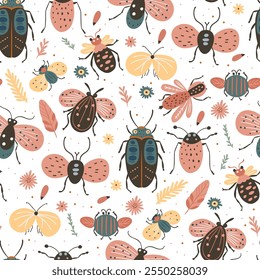 Cartoon beetle butterfly wing seamless pattern wrapping packaging vector