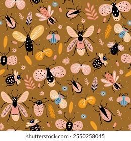 Cartoon beetle butterfly wing seamless pattern wrapping packaging vector