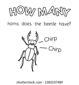 Cartoon beetle counting game. Vector coloring book pages for children education. How many horns does the beetle have