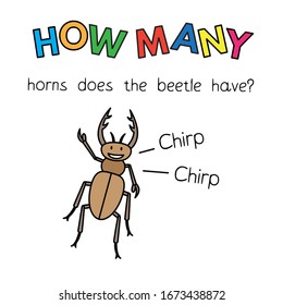 Cartoon beetle counting game. Vector Illustration for children education. How many horns does the beetle have