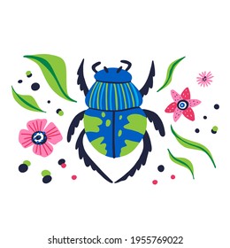 Cartoon beetle. Doodle bright colorful hand drawn bug with leaves and flowers, beautiful insect pink and blue colors modern decor element, vector isolated illustration, contemporary print or poster